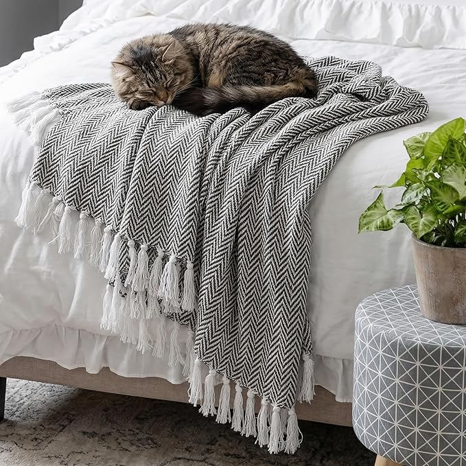 Americanflat 50x60 Throw Blanket - Soft and Breathable Cotton Throw Blanket for Couch, Bed, Chair - Decorative Blankets Perfect for Home, Office, or Outdoor Use - Black and White Herringbone Design