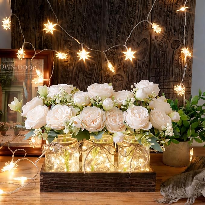 LUEUR Mason Jar Lights Centerpiece with Farmhouse Wood Tray – 3 Jars with Champagne Peony Spring Flowers, Rustic Spring & Wedding Decoration for Dining Table, Coffee Table, Kitchen & Living Room
