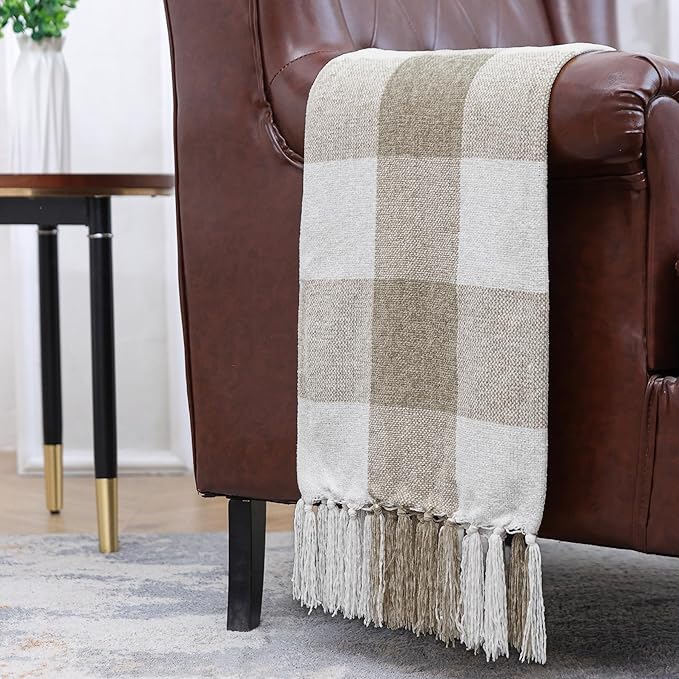 Beige White Buffalo Plaid Decor Blanket, Lightweight Soft Chenille Check Knitted Rustic Farmhouse Throw with Tassels for Couch Sofa Chair Bed Office Home, Tan and Ivory, Queen Size