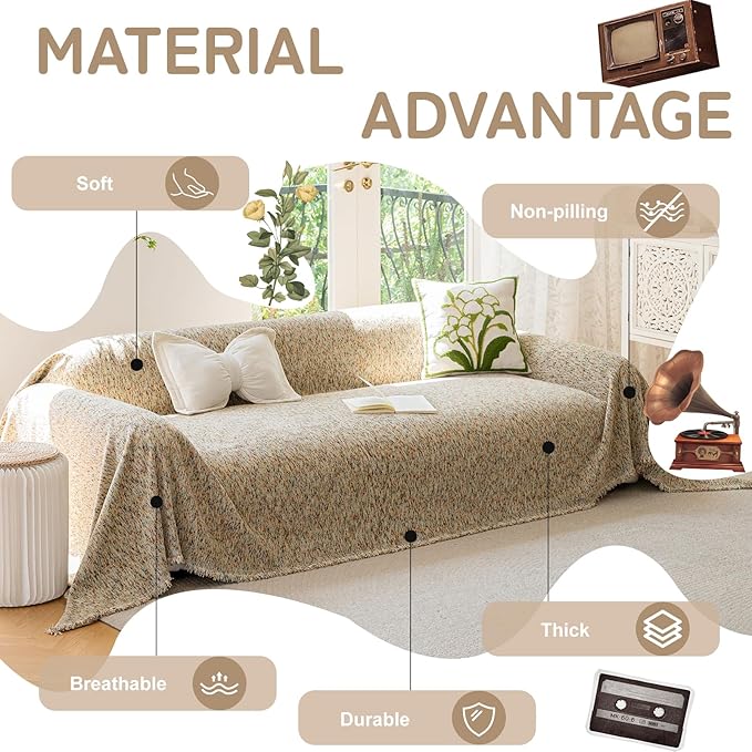 HANDONTIME Thick Chenille Couch Cover for Pets Washable Sofa Covers Blanket Boho Sectional Sofa Cover for 3 Cushion Couch Colorful Polka Dots Furniture Protector Pet Friendly, Khaki, 71" X 134"