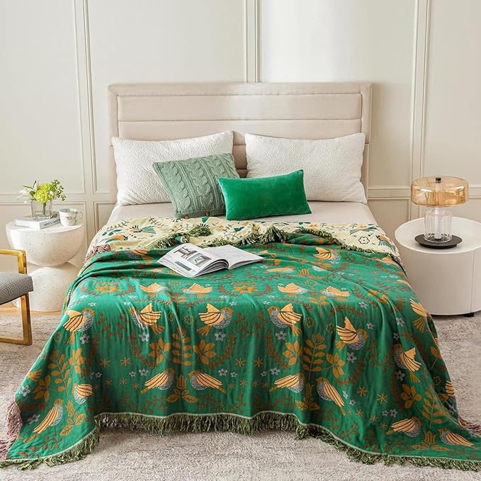 MSGKV Cotton Bed Blanket for Couch and Sofa Blankets for Living Room Bedroom Floral and Birds Throw 80"x90" Spring Breathable Cozy Boho Blankets