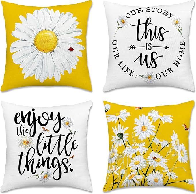 Hexagram Spring Summer Pillow Covers 20x20 Set of 4, Floral Daisy Outdoor Decorative Throw Pillow Covers, Yellow Farmhouse Cushion Case for Couch Sofa Living Room Bedroom Home Indoor Decor(No Insert)