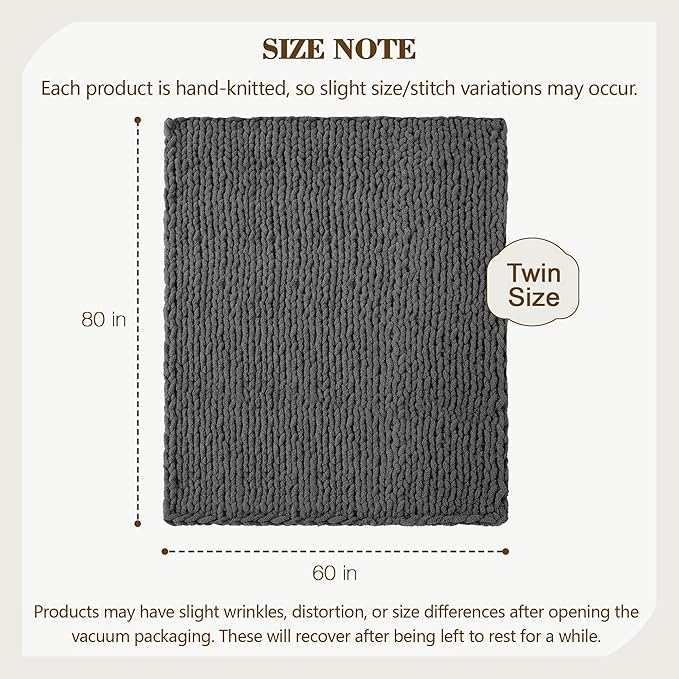 Carriediosa Chunky Knit Throw Blanket 60" X 80" Twin, 100% Hand Made Large Chenille Loop Yarn Soft Fluffy Throws for Couch Sofa Bed, Big Crochet Cozy Heavy Thick Cable Woven Blankets, Dark Grey