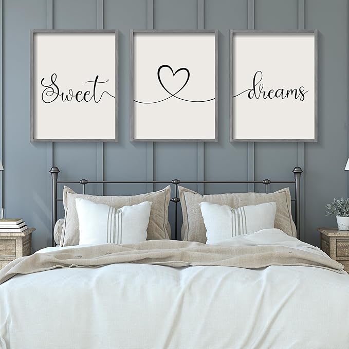 Ronasip Sweet Dreams Wall Decor for Bedroom Set of 3 Framed Wall Art for Farmhouse Rustic Home Master Bedroom Decor (11”x14”, Gray)