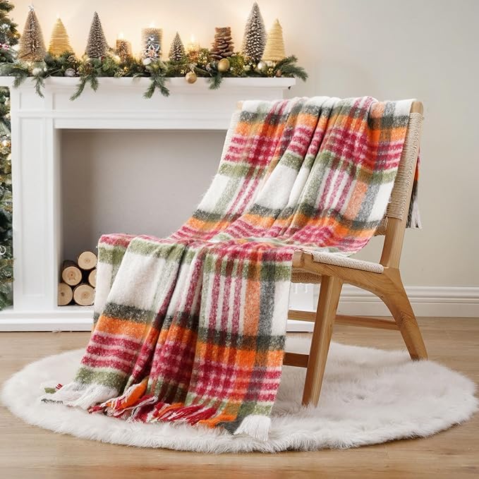 BATTILO Christmas Red Plaid Throw Blanket for Couch Bed, Soft Mohair Tartan Plaid Blanket, Farmhouse Style Checkered Pattern, Red Green Throw Blankets for Home Decor(50"x60")