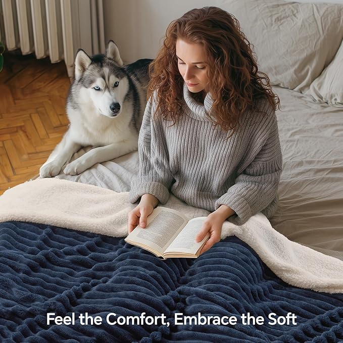 INFIIXSO Sherpa Fleece King Size Blanket - Super Soft & Warm Striped Fleece, Cozy Plush Fluffy Large Bed Blanket All Season Use (Navy Blue, 104x90 Inches)