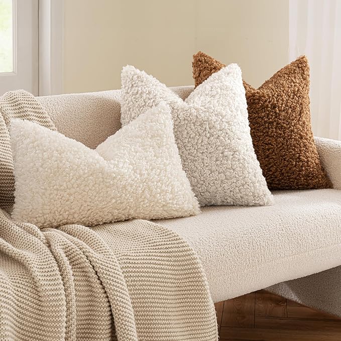 MIULEE Pack of 2 Faux Fur Throw Pillow Covers 26x26 Inch Neutral Light Beige Boucle Decorative Sherpa Pillow Covers Fuzzy Accent Soft Sheepskin Fleece for Boho Home Decor Couch Living Room Bed