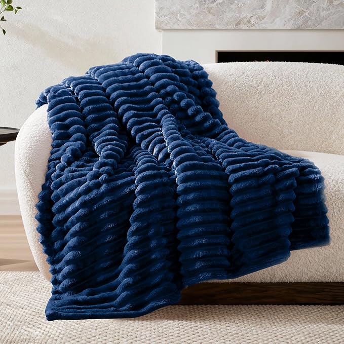 Nookly Navy Twin Size Fleece Blanket, Soft Lightweight Ribbed Plush Bed Blanket, Cozy All-Season Striped Fleece Twin Throw for Bedroom and Home, 60x80 Inches