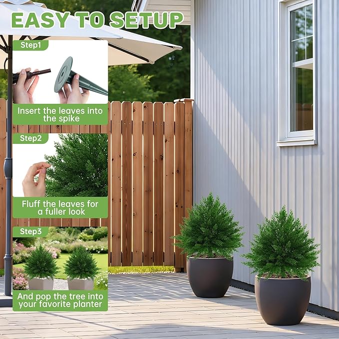Artificial CedarTopiary Bushes for Outdoors with Spike, Set of 2 Cypress Topiary Trees with UV Resistant, Outdoors Fake Shrubs Faux Plants for Front Porch Indoor Outdoor Decor