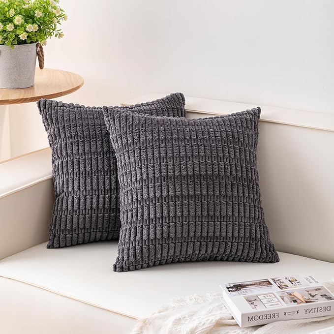 Aegero Pack of 2 Corduroy Decorative Throw Pillow Covers 22x22 Inch Soft Striped Pillow Covers Modern Farmhouse Home Decor for Sofa Living Room Couch Bed（Dark Grey）