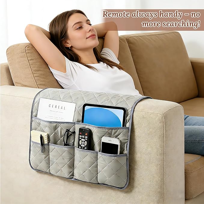 Sofa Armrest Organizer with 6 Pockets, Remote Control Holder for Recliner, Non-Slip Couch Sofa Chair Armrest Organizer, Armchair Caddy Bedside Storage for Magazine Book TV Phone iPad Tablett (Grey)