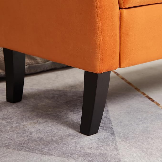Furniliving 51 Inch Storage Bench for Living Room, Upholstered Bench Ottoman with Velvet Fabric, Modern Entryway Bench with Woodern Legs for Bedroom, Living Room, Shoe Storage & Seating, Orange