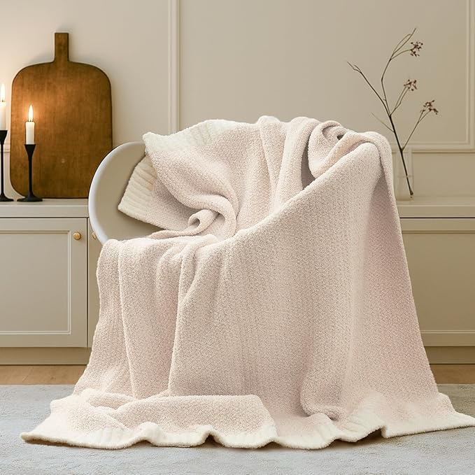 Snuggle Sac Buttery Ivory Throw Blanket for Couch, Reversible Super Soft Knitted Blankets, Warm Cozy Knit Fuzzy Plush Lightweight Throws Dupes for Sofa, Bed, Picnic, Ivory, 50 x 60 inches (Pack of 2)