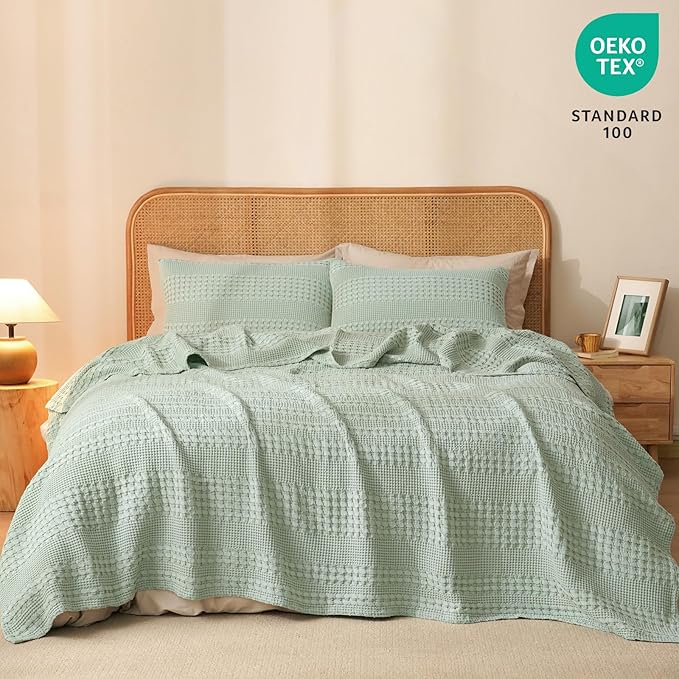 PHF 100% Cotton Waffle Weave Blanket King Size for Bed, Soft Lightweight & Breathable for Spring and Summer, All-Season Comfort, Luxury Aesthetic Blanket for Home Decor, 108"x90", Mint Green