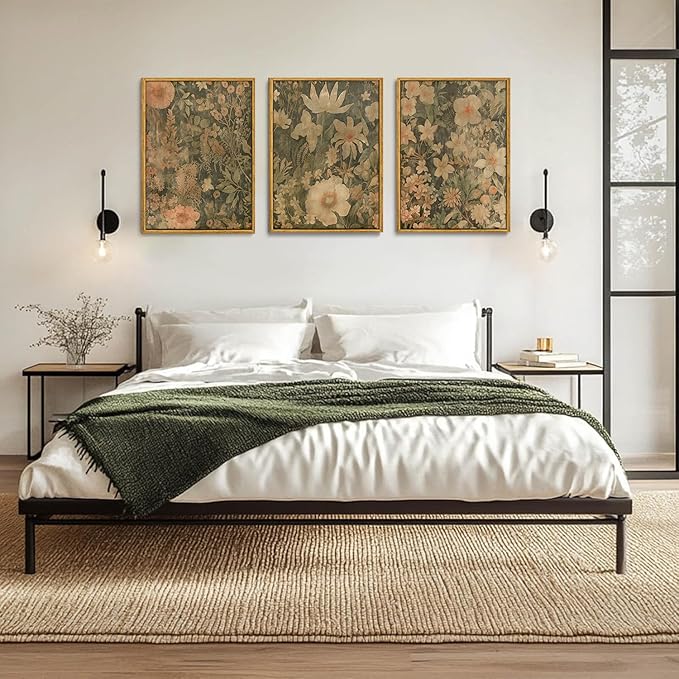 Wodkwq 3 Piece Vintage Floral Wall Art Framed,Neutral Wildflower Wall Art,Mid Century Modern Botanical Prints,Retro Plant Art,For Bedroom,Living Room,Office 16x24in