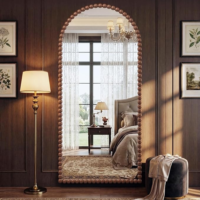 Antok 76" x 34" Arched Full Length Mirror, Antique Beaded Frame Floor Standing or Wall Mounted Mirror with Stand for Bedroom, Entryway, Brown, Luxury Style