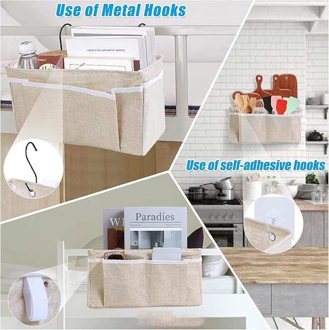 Bedside Caddy Bedside Storage Organizer, 2 Pack Wall Hanging Storage Bag for Bunk bed Hospital Beds Dorm Bed Rails, Holders Books Glasses Phones Magazine(Beige)
