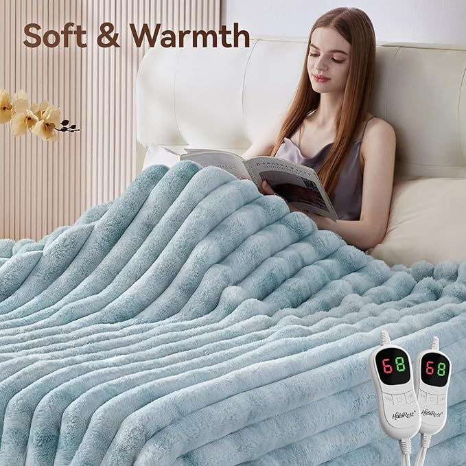 Heated Throw Blanket, Faux Fur Cozy Heating Blanket with Overheat Protection, 1/2/4/6/8 Hours Auto-Off 10 Heat Level, Machine Washable (84x90 Inches, Blue)