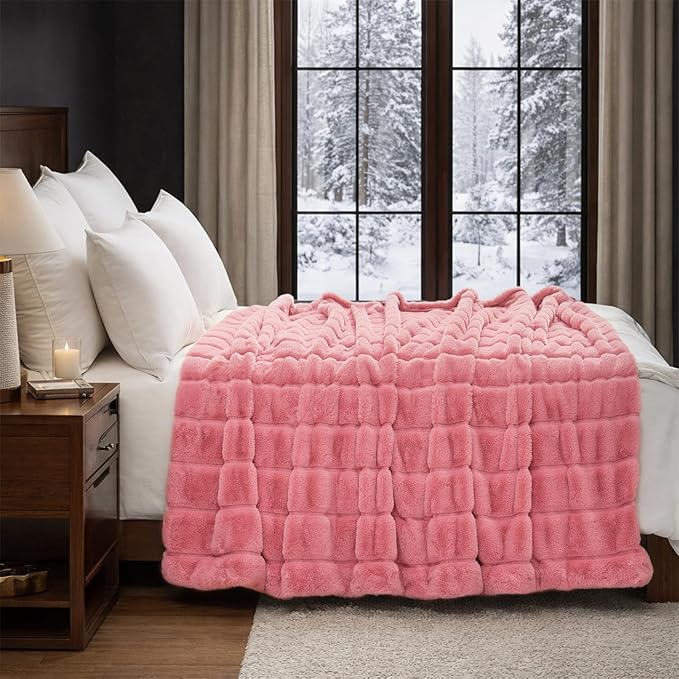 Cozy Bliss Deluxe Sheared Rabbit Faux Fur Throw Blanket, Soft Fuzzy High-Low Sculpted Plush Blanket for Couch, Cozy Home Accent, All Season Use, Pink 90"x90"