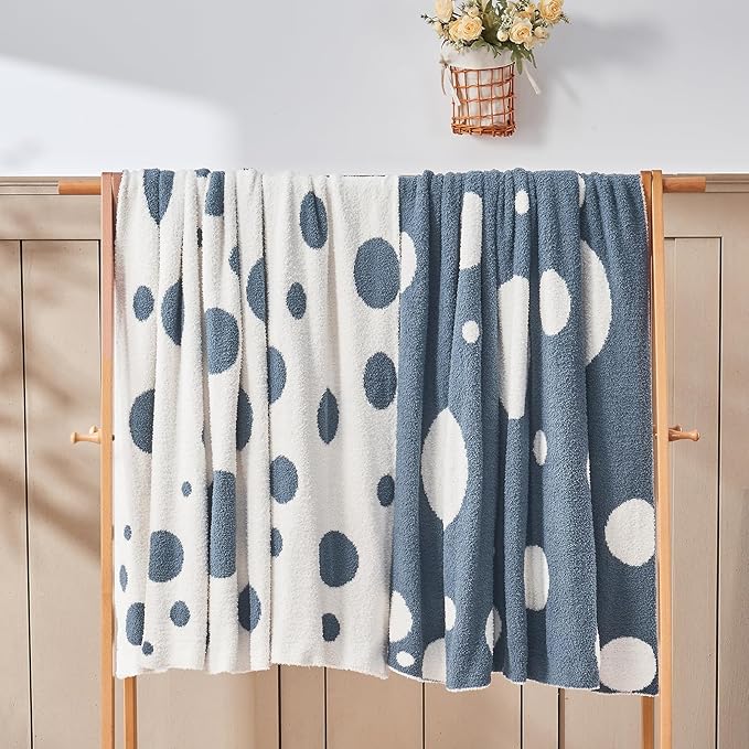 CozeCube Super Soft Fullfy Microfiber Reversible Knitted Blankets, Warm Cozy Fuzzy Plush Throw, Dusty Blue and White Polka Dot Throw Blanket for Couch Bed Sofa, 50" x 60"