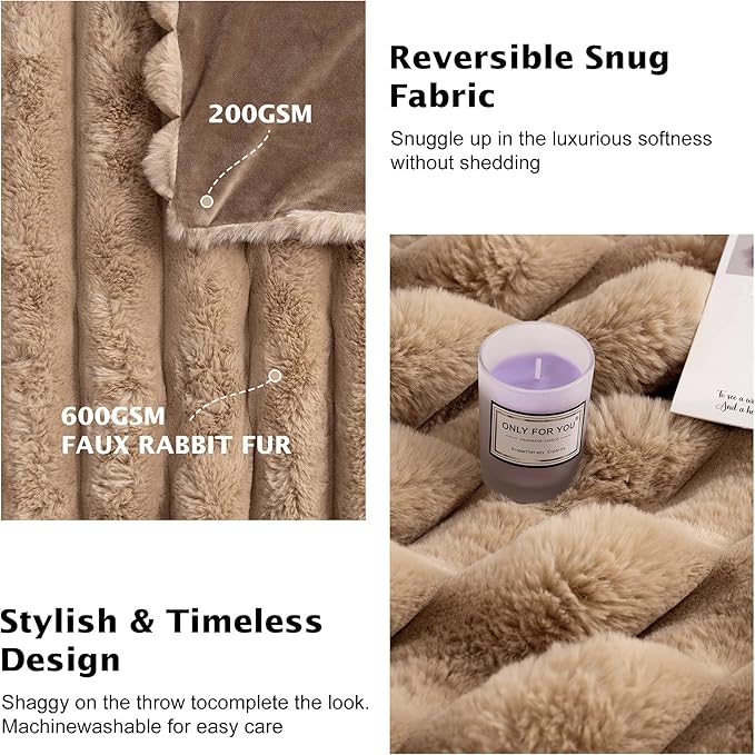 Faux Fur Twin Blanket for Couch,Cozy Soft Plush Thick Striped Luxury Blanket for Sofa Living Room Bedroom,60 * 80 Inches, Coffee