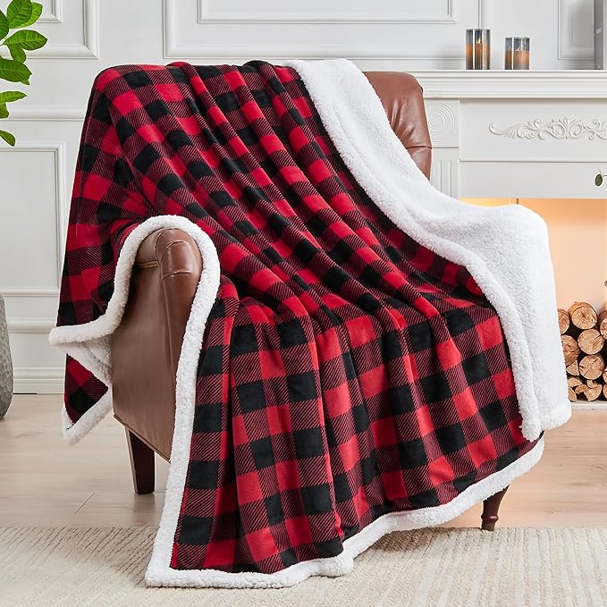 BEDELITE Sherpa Fleece Blankets Queen Size - Black and Red Buffalo Plaid Christmas Blanket, Super Soft Cozy Warm Thick Winter Blanket for Couch and Bed, 90" x 90"