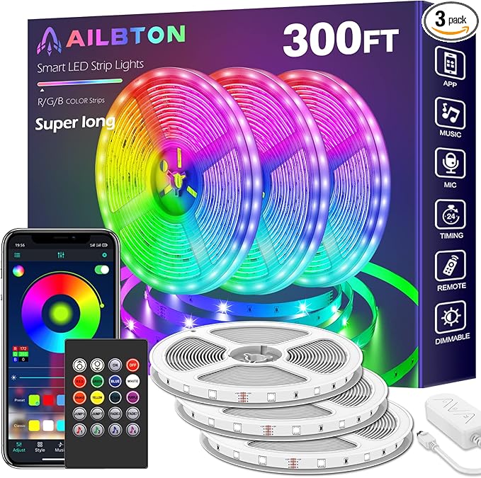 AILBTON Led Strip Lights,Music Sync Color Changing, Built-in Mic,Bluetooth App Control LED Tape Lights with Remote,5050 RGB Rope Light Strips (300FT)