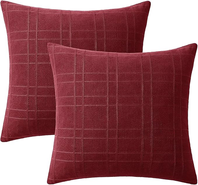 MIULEE Decorative Linen Check Euro Shams Throw Pillow Covers Neutral Farmhouse Vintage Pillow Covers 24x24 Set of 2 Boho Modern Home Decor for Sofa Couch Bedroom Cushion Burgundy