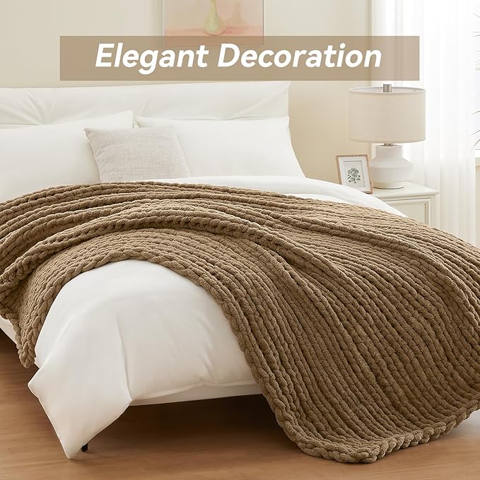 Chunky Knit Throw Blanket, 50''*60'' Knitted Throw Chenille Yarn for Bed Couch, Handmade Light Brown Crochet Big Thick Blanket, Machine Washable Cute Comfy Blanket for Home Decor