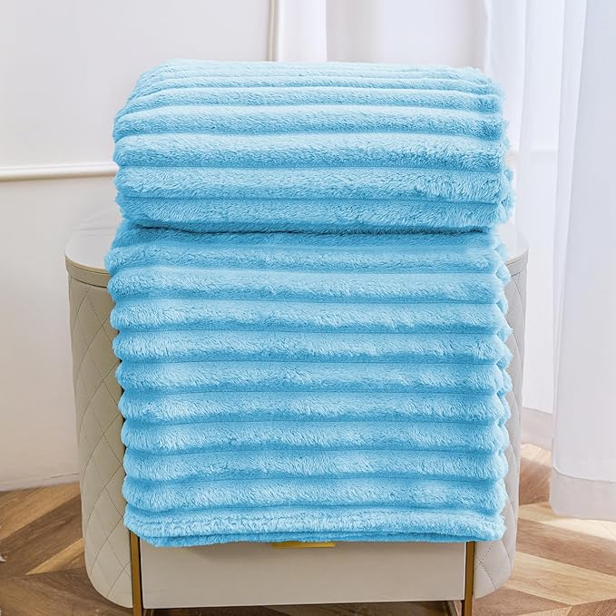 Comelady Light Blue Fleece Throw Blanket for Couch, Super Soft Lightweight Fuzzy Blanket for Couch Bedroom Home Decor, Cozy Fluffy Striped Blanket Gifts for Women Men Girls, 50"×60"