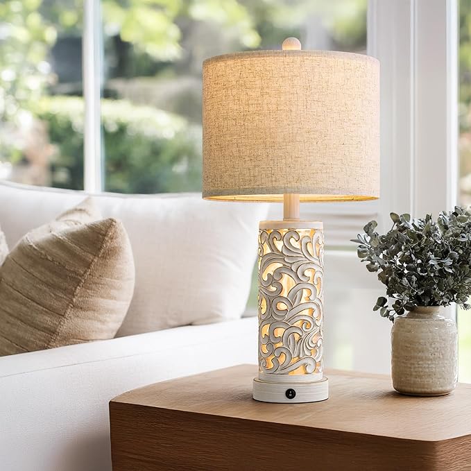 22" Dual Light Table Lamps Set of 2 for Living Room, USB A+C Table Lamp for Bedroom, Farmhouse Lamps for Night Stands with Linen Shade for Home Office(Wash White, Bulb Included)