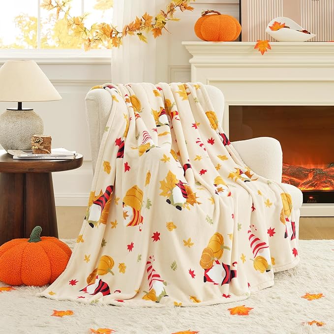 Cozy Bliss Pumpkin Gnome Throw Blanket - Warm MilkyPlush Throw Blankets,Ultra Soft Cozy Blankets for Couch,Sofa and Bed,Beige,60X80inches