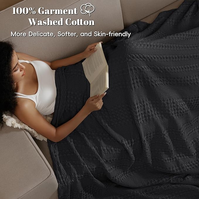 PHF 100% Cotton Waffle Weave Blanket Twin Size for Bed, Soft Lightweight & Breathable for Spring and Summer, All-Season Comfort, Luxury Aesthetic Blanket for Home Decor, 66"x90", Black