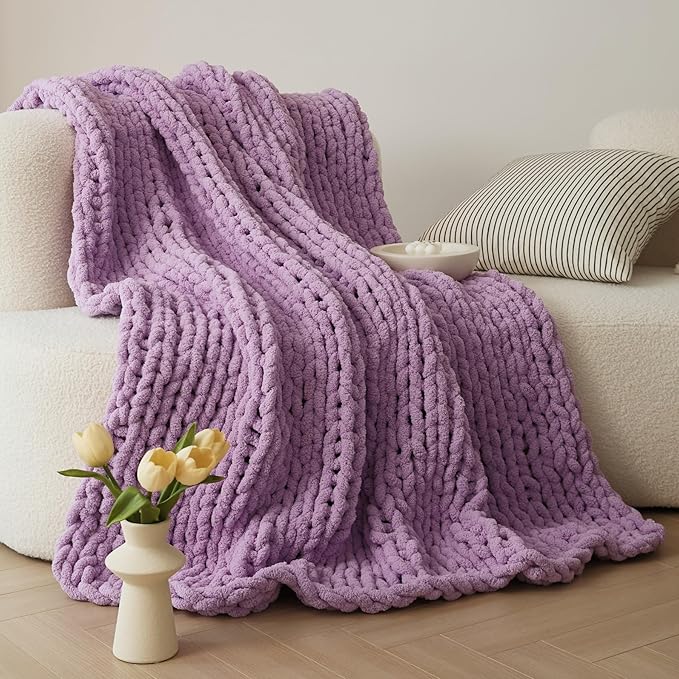 WESHIONGOO Chunky Knit Blanket Throw 51"×63" Knitted Throw Blankets for Couch Bed Fluffy Soft Blanket with Jumbo Chenille Yarn Thick 100% Handmade(Lilac)