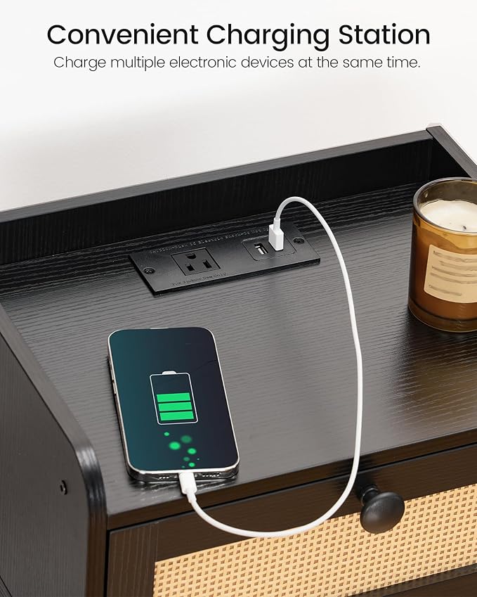 Nightstand, End Table with Charging Station, Side Table with Rattan-Style Drawer and Storage Shelf, Modern Sofa Table with 1 AC Outlet and 2 USB Ports, for Bedroom, Black MBZ01UBB