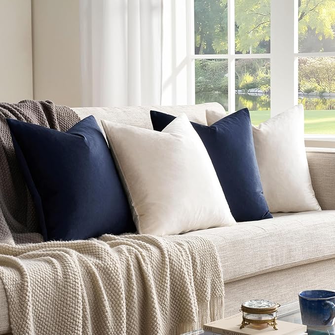 GIGIZAZA Decorative Velvet Pillow Covers - 20x20 Throw Pillows Soft Navy Blue Beige Covers Accent for Couch Living Room Bed Square Modern Luxury Cushion Covers Home Decor Set of 4