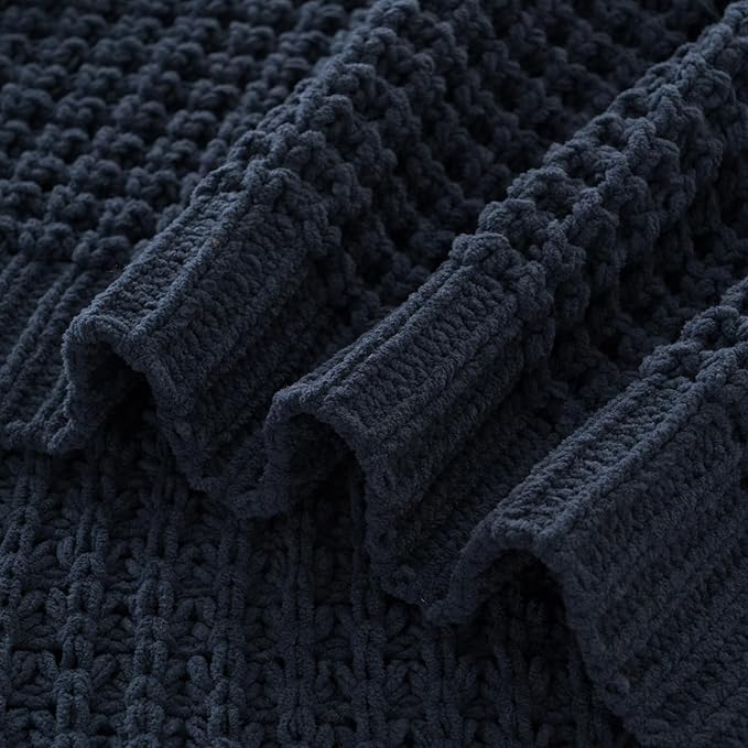 Bunnikins & Clover Navy Blue Throw Blanket for Couch, Knitted Blue Blanket Throw 60''x80'', Super Soft Waffle Navy Throws for Chair Sofa Home Decor