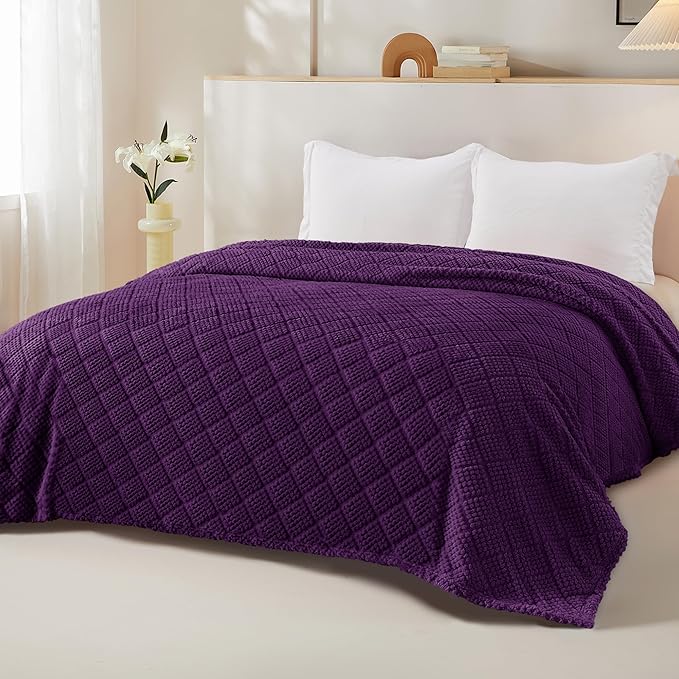 Whale Flotilla Fuzzy Fleece Twin Size Blanket for Bed, Soft Fluffy Jacquard Waffle Blankets for All Season, Lightweight and Warm, 60x80 Inch, Purple