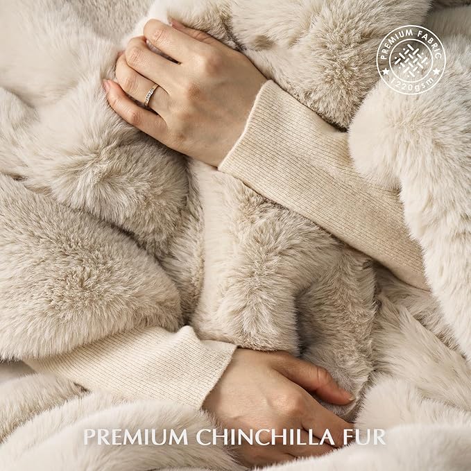 EVERGRACEHOME Luxury Soft Faux Chinchilla Fur Throw Blanket for Couch, Warm Thick Heavy Winter Throw Blanket 1220GSM for Bed, Fluffy Cozy Mink Blanket with Reversible Velvet, Birch Mink, 50"x60"