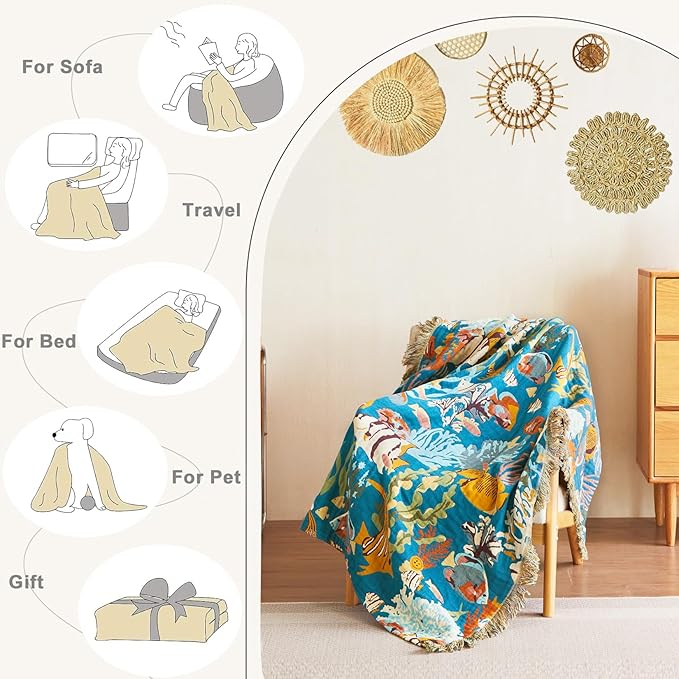 Throw Blanket for Couch Sofa 100% Cotton Blankets for Bedroom Living Room Spring Soft All Season Reversible Underwater Ocean Life Embroidery Throws Coastal Home Decor 50"x60"