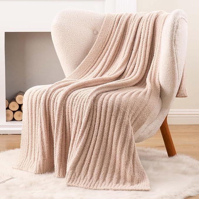 BATTILO Beige Throw Blanket for Couch, Knit Fuzzy Plush Fluffy Soft Netural Blankets, Cozy Warm Lightweight Blanket for Bed, Sofa, Home Decor, 50"x60"
