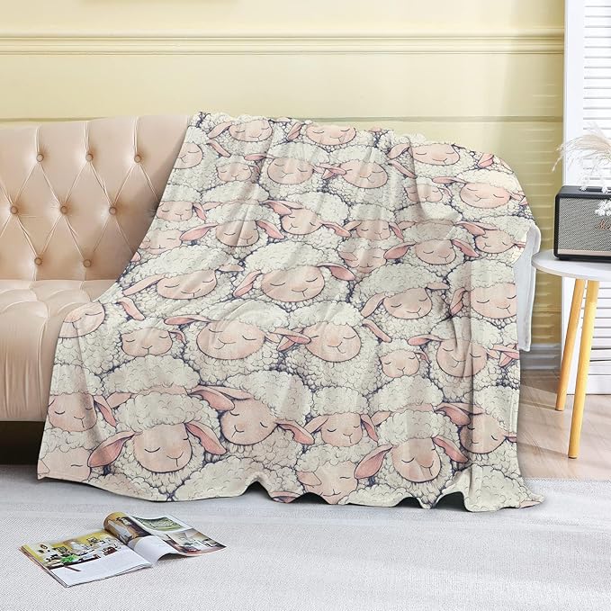 Sleepy Sheep Fleece Blanket - 60x80in Cute Goat Throw Blankets,Soft Cozy Lightweight, Ideal for Living Room Home Whimsical Decor and Kids Women Girls Spring Gifts