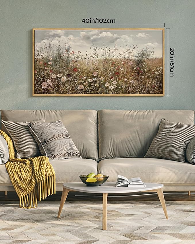 SHENIFY Vintage Landscape Framed Wall Art Meadow with Flowers Farmhouse Decor Retro Wildflower Field Scenery Painting for Hallway Bedroom Living Room Dining Room - 20x40in Natural Framed