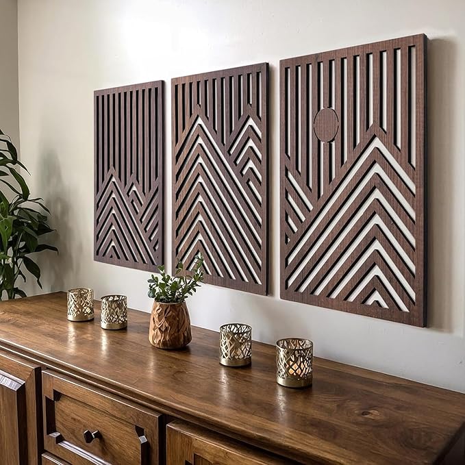 qmmp Modern Wooden Wall Sculptures - Set of 3 - MDF - Oak - Home Decor Accent - Large Wall Art for Living Room, Bedroom, Office - Easy Installation (Oak, XLarge - Tree Leaves, Unframed)