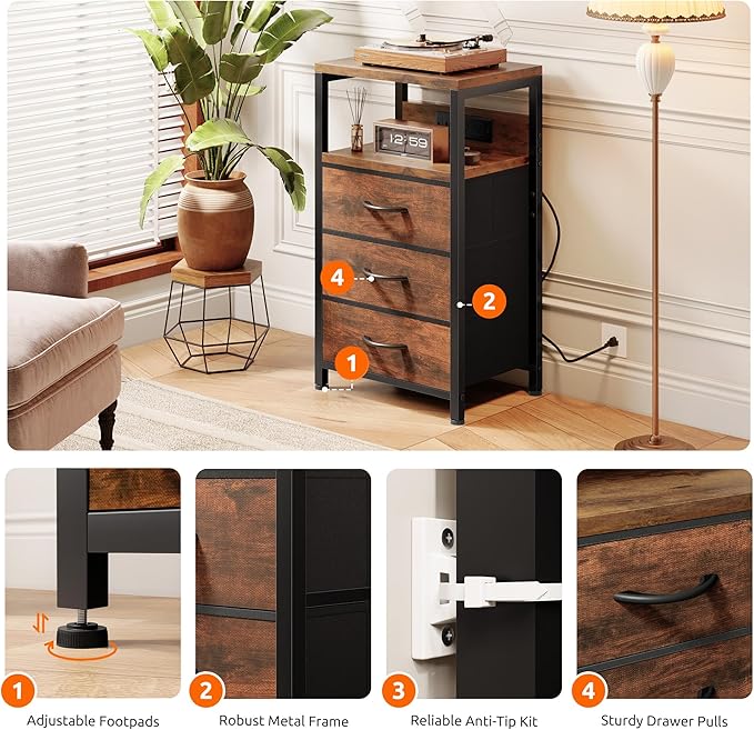 NightStand Bedside Charging Table Bedroom - Night Stand with Charger Station, Modern Nightstand with Open Shelf & 3 Fabric Drawers, Bed Side Table USB-C Port for Dorm Living Room