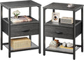 Huuger Nightstand Set of 2, Night Stand with Fabric Drawer, Mesh Shelf, Side Table with Storage, Fabric Drawer Dresser, Open Shelf, Metal Frame, Bedroom, Charcoal Black Wood Grain Print
