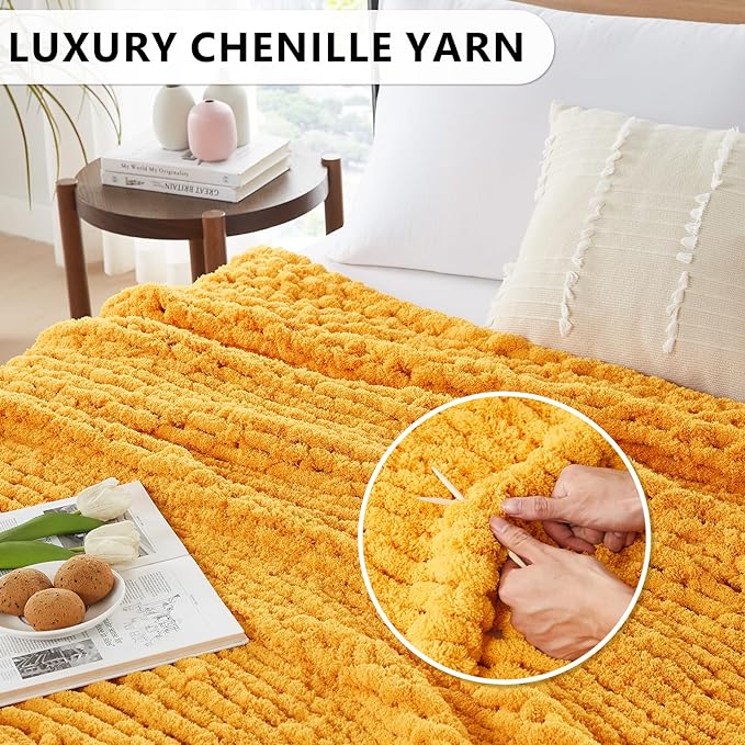 L'AGRATY Chunky Knit Blanket Throw - Soft Throw Blanket 50x60: 100% Hand Knitted Chenile Crochet Throw for Home Decor - Mustard Yellow