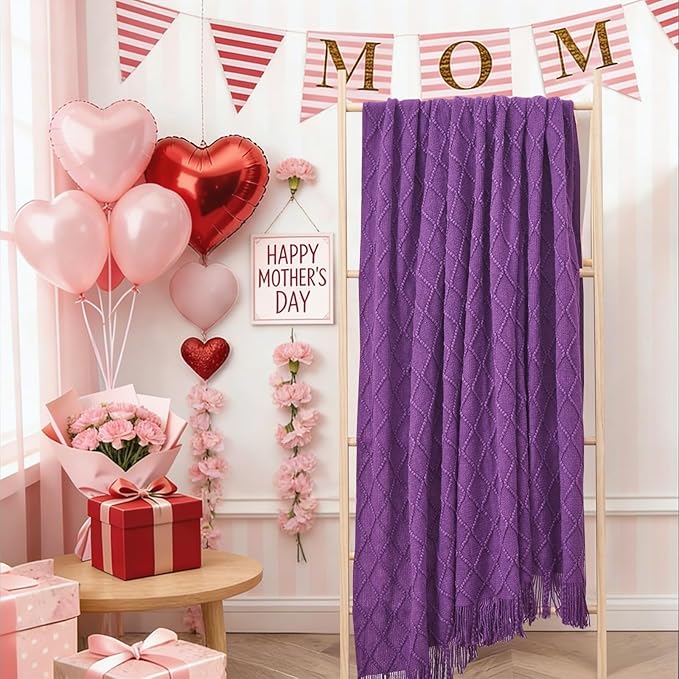 inhand Purple Knitted Throw Blanket for Couch Bed, Mothers Day/Mom Birthday Gifts for Mom from Daughter Son, Soft Lightweight with Tassels, Farmhouse Warm Decorative Blanket for Women, 60"x80"