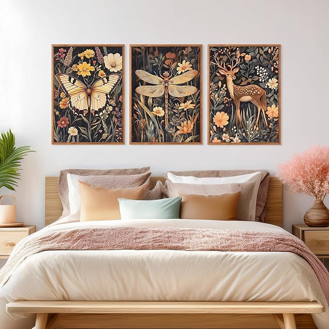CHDITB Vintage 3D Dragonfly Framed Canvas Wall Art Set, Botanical Wildlife Decor, Butterfly Deer Flowers Art Prints, Dark Nature Forest Wildlife Artwork for Living Room Bedroom Office-12 x16 x3