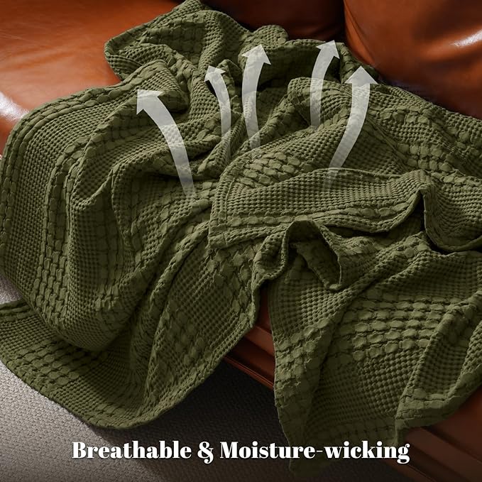 PHF 100% Cotton Waffle Weave Blanket Twin Size for Bed, Soft Lightweight & Breathable for Spring and Summer, All-Season Comfort, Luxury Aesthetic Blanket for Home Decor, 66"x90", Capulet Olive